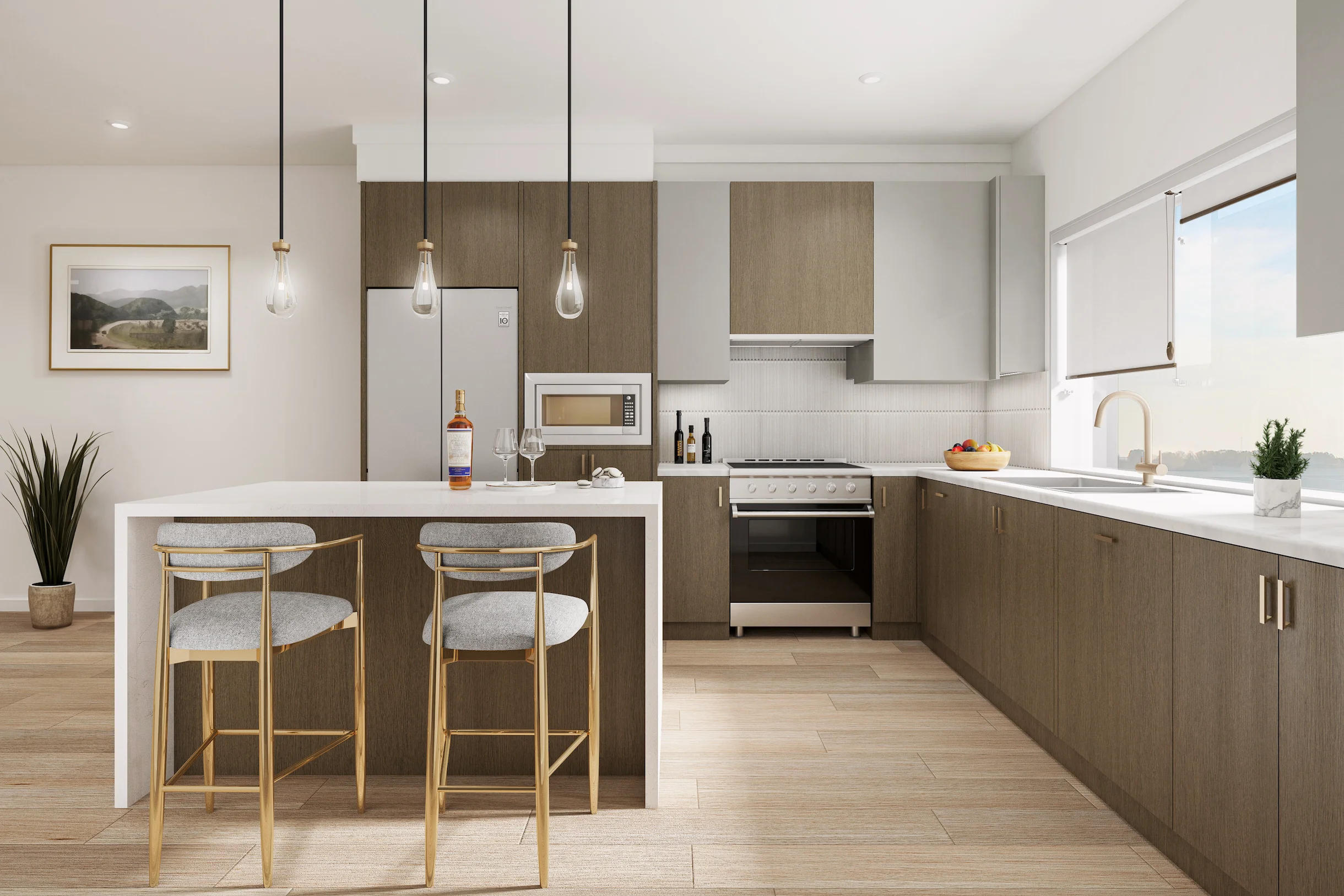 Modern open-concept kitchen with island seating and contemporary finishes inside a Live at Finestra townhome in South Surrey, British Columbia