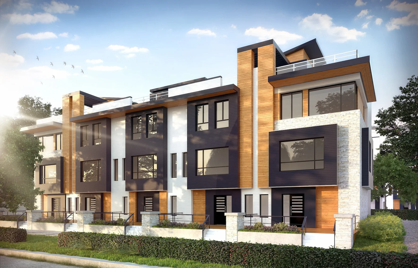 Exterior view of modern townhomes completed by MetroVan Builders Group in the Lower Mainland, British Columbia