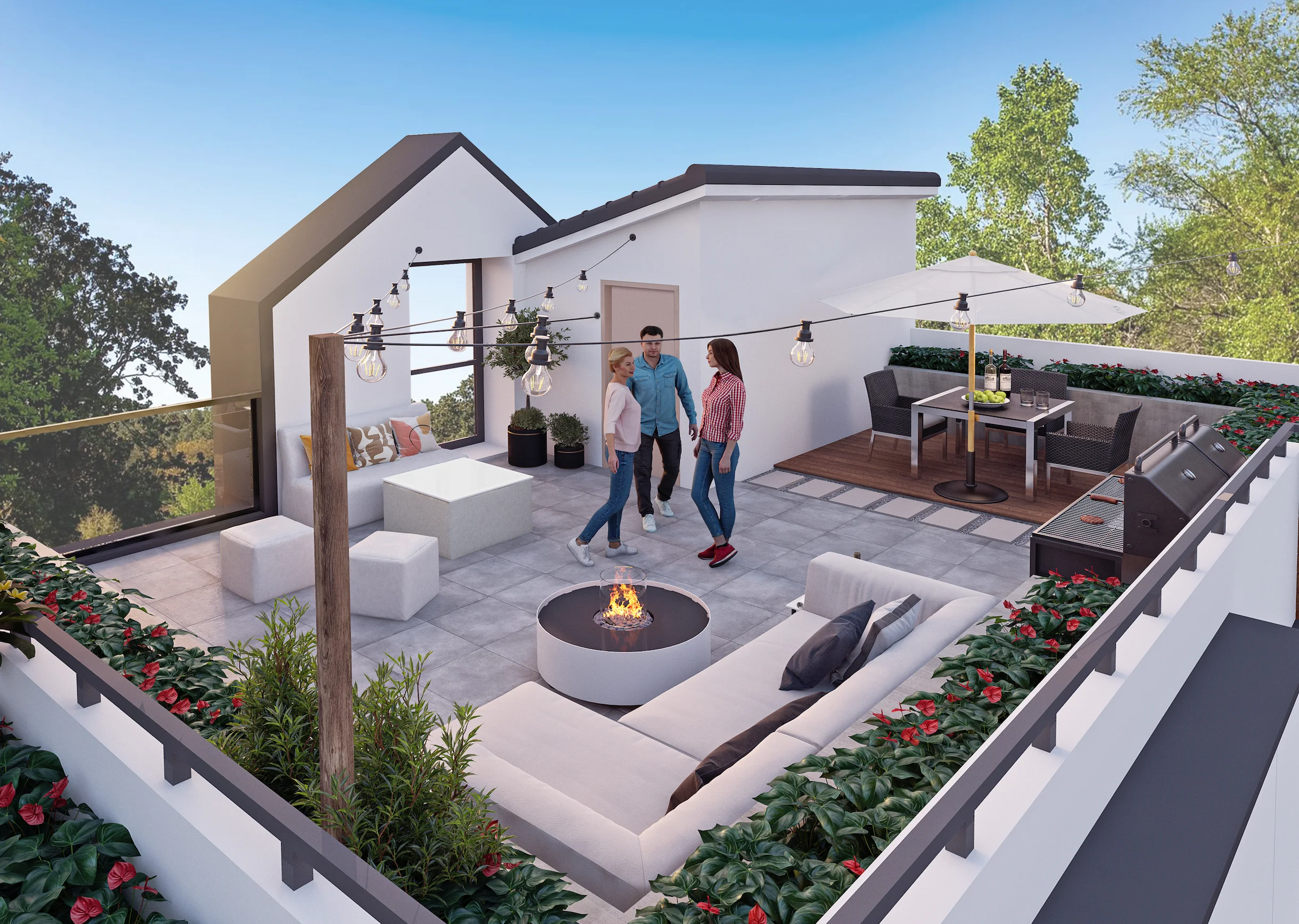 People enjoying an outdoor rooftop deck with seating and fire pit at a Live at Finestra townhome in the Grandview Heights neighbourhood of South Surrey